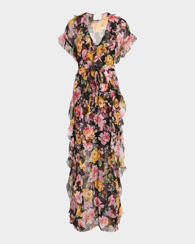 Suri Floral-Print Ruffle Silk Maxi Dress